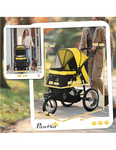 PawHut Foldable Pet Stroller Jogger, with Three Wheels, Canopy, for Medium and Small Dogs, Yellow