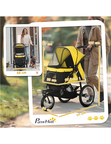 PawHut Foldable Pet Stroller Jogger, with Three Wheels, Canopy, for Medium and Small Dogs, Yellow - pic 145264 | FastDaddyshop