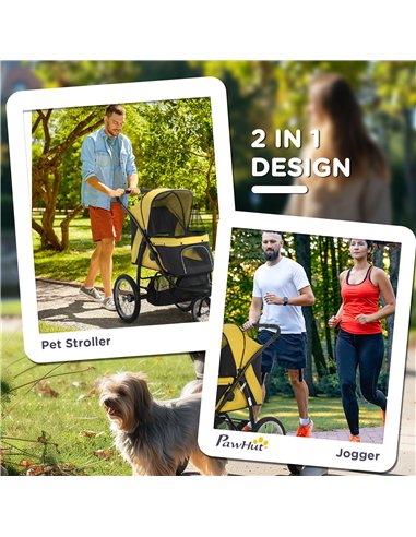 PawHut Foldable Pet Stroller Jogger, with Three Wheels, Canopy, for Medium and Small Dogs, Yellow