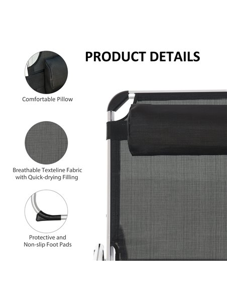 Outsunny Foldable Reclining Sun Lounger Lounge Chair Camping Bed Cot with Pillow 5-Level Adjustable Back Aluminium Frame Black - pic 14527 | FastDaddyshop