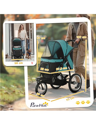 PawHut Foldable Pet Stroller Jogger, with Three Wheels, Canopy, for Medium and Small Dogs, Green