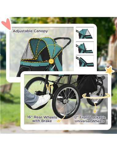 PawHut Foldable Pet Stroller Jogger, with Three Wheels, Canopy, for Medium and Small Dogs, Green