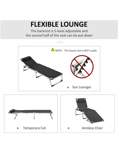 Outsunny Foldable Reclining Sun Lounger Lounge Chair Camping Bed Cot with Pillow 5-Level Adjustable Back Aluminium Frame Black