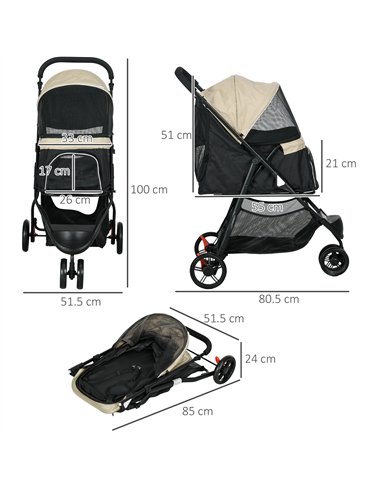 PawHut Foldable Pet Stroller w/ Rain Cover, for XS Dogs, S Dogs - Khaki