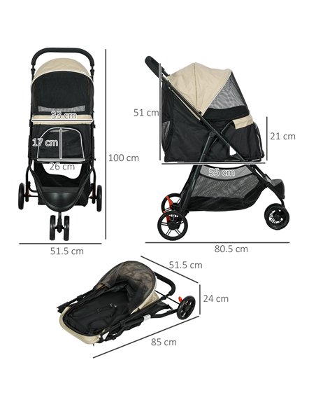 PawHut Foldable Pet Stroller w/ Rain Cover, for XS Dogs, S Dogs - Khaki - pic 145318 | FastDaddyshop