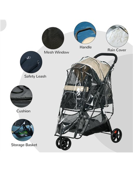 PawHut Foldable Pet Stroller w/ Rain Cover, for XS Dogs, S Dogs - Khaki - pic 145322 | FastDaddyshop