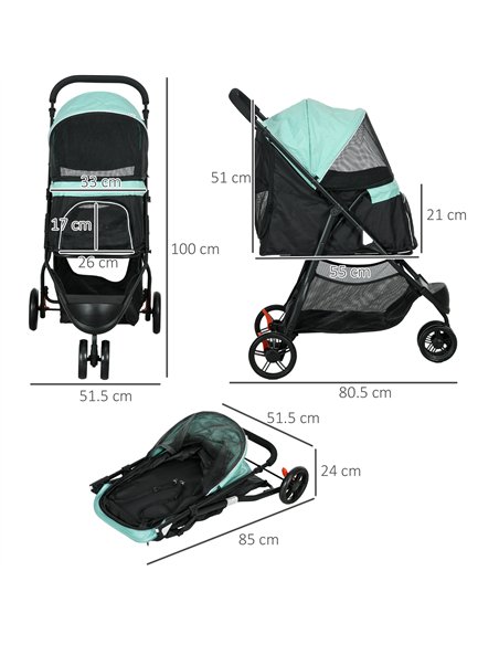 PawHut Foldable Pet Stroller w/ Rain Cover, for XS Dogs, S Dogs - Green - pic 145336 | FastDaddyshop