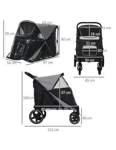 PawHut 4 Wheel Pet Stroller with Rain Cover for Medium and Large Dogs - Black