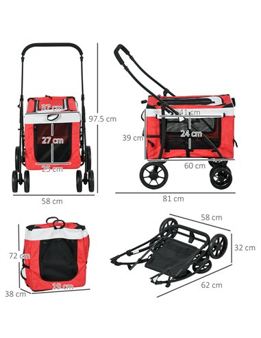 PawHut Foldable Dog Stroller, Pet Travel Crate, with Detachable Carrier, Soft Padding, for Mini, Small Dogs - Red