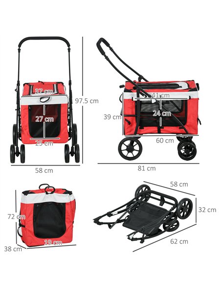 PawHut Foldable Dog Stroller, Pet Travel Crate, with Detachable Carrier, Soft Padding, for Mini, Small Dogs - Red - pic 145372 | FastDaddyshop