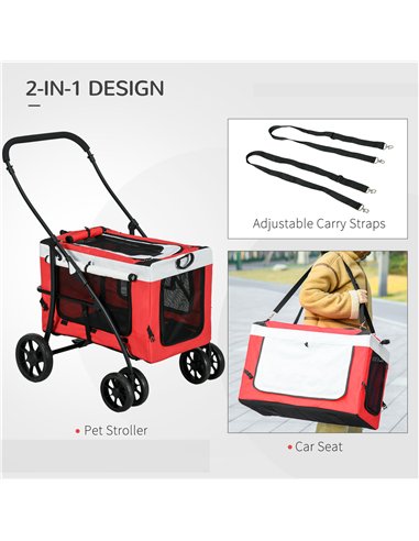 PawHut Foldable Dog Stroller, Pet Travel Crate, with Detachable Carrier, Soft Padding, for Mini, Small Dogs - Red