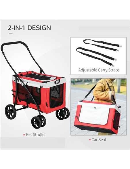 PawHut Foldable Dog Stroller, Pet Travel Crate, with Detachable Carrier, Soft Padding, for Mini, Small Dogs - Red - pic 145374 | FastDaddyshop