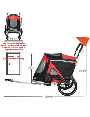 PawHut 2 in 1 Aluminium Foldable Dog Bike Trailer, Pet Stroller, for Medium Dogs - Red