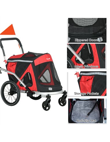 PawHut 2 in 1 Aluminium Foldable Dog Bike Trailer, Pet Stroller, for Medium Dogs - Red