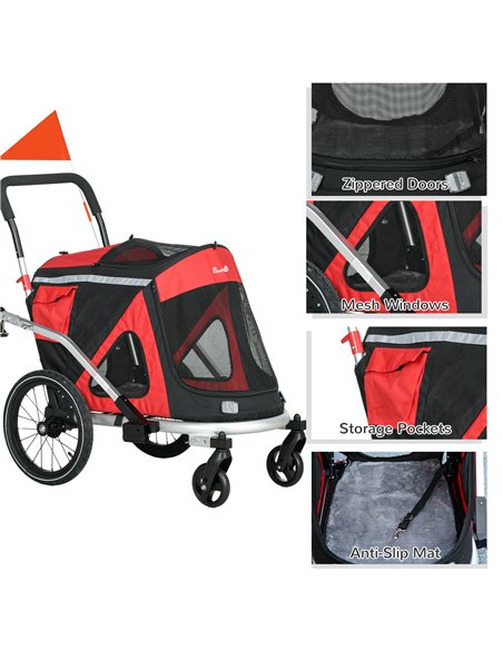 PawHut 2 in 1 Aluminium Foldable Dog Bike Trailer, Pet Stroller, for Medium Dogs - Red - pic 145386 | FastDaddyshop