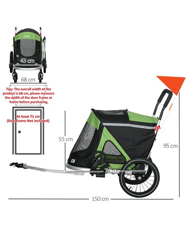 PawHut 2 in 1 Aluminium Foldable Dog Bike Trailer, Pet Stroller, for Medium Dogs - Green