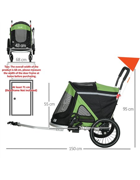 PawHut 2 in 1 Aluminium Foldable Dog Bike Trailer, Pet Stroller, for Medium Dogs - Green - pic 145390 | FastDaddyshop