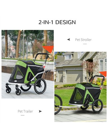 PawHut 2 in 1 Aluminium Foldable Dog Bike Trailer, Pet Stroller, for Medium Dogs - Green