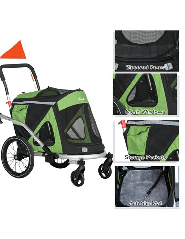PawHut 2 in 1 Aluminium Foldable Dog Bike Trailer, Pet Stroller, for Medium Dogs - Green