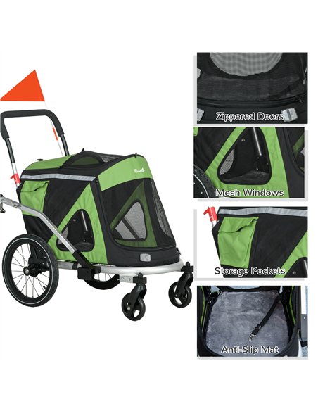 PawHut 2 in 1 Aluminium Foldable Dog Bike Trailer, Pet Stroller, for Medium Dogs - Green - pic 145395 | FastDaddyshop