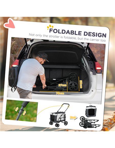 PawHut Foldable Dog Stroller, Pet Travel Crate, with Detachable Carrier, Soft Padding, for Mini, Small Dogs - Grey - pic 145402 | FastDaddyshop