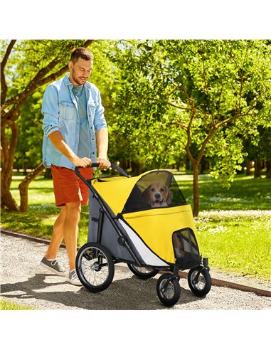 PawHut Foldable Pet Stroller, with Washable Cushion, Storage Bags, Safety Leash, for Medium, Large Dogs, Cats - Yellow