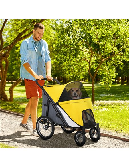 PawHut Foldable Pet Stroller, with Washable Cushion, Storage Bags, Safety Leash, for Medium, Large Dogs, Cats - Yellow - pic 145425 | FastDaddyshop