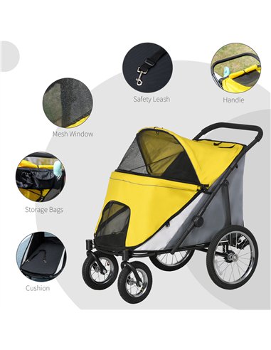 PawHut Foldable Pet Stroller, with Washable Cushion, Storage Bags, Safety Leash, for Medium, Large Dogs, Cats - Yellow