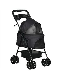 PawHut Dog Pram Dog Stroller Foldable Pet Pushchair with 4 Wheels, Safety Leashes, Cup Holder for Small Dogs, Black