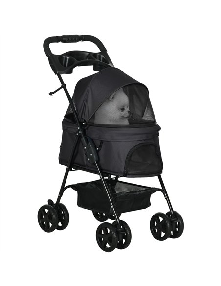 PawHut Dog Pram Dog Stroller Foldable Pet Pushchair with 4 Wheels, Safety Leashes, Cup Holder for Small Dogs, Black - pic 145433 | FastDaddyshop