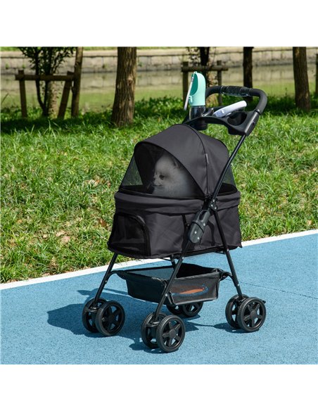 PawHut Dog Pram Dog Stroller Foldable Pet Pushchair with 4 Wheels, Safety Leashes, Cup Holder for Small Dogs, Black - pic 145434 | FastDaddyshop