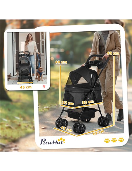PawHut Dog Pram Dog Stroller Foldable Pet Pushchair with 4 Wheels, Safety Leashes, Cup Holder for Small Dogs, Black - pic 145435 | FastDaddyshop
