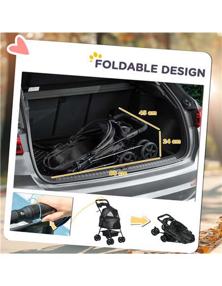 PawHut Dog Pram Dog Stroller Foldable Pet Pushchair with 4 Wheels, Safety Leashes, Cup Holder for Small Dogs, Black - pic 145437 | FastDaddyshop