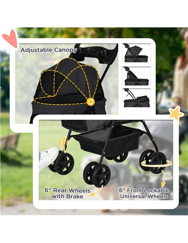 PawHut Dog Pram Dog Stroller Foldable Pet Pushchair with 4 Wheels, Safety Leashes, Cup Holder for Small Dogs, Black