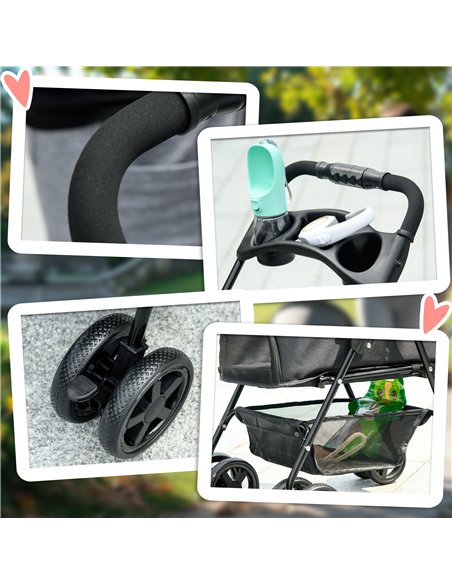 PawHut Dog Pram Dog Stroller Foldable Pet Pushchair with 4 Wheels, Safety Leashes, Cup Holder for Small Dogs, Black - pic 145440 | FastDaddyshop
