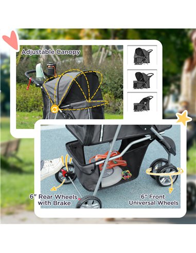 PawHut 3 Wheel Pet Stroller for Small and Miniature Dogs, Charcoal Grey