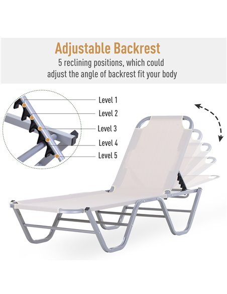 Outsunny Sun Lounger Relaxer Recliner with 5-Position Adjustable Backrest Lightweight Frame for Pool or Sun Bathing Cream White - pic 14546 | FastDaddyshop