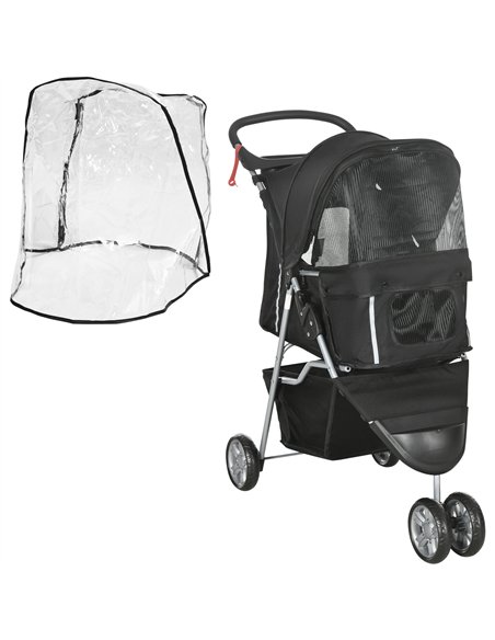 PawHut Pet Travel Stroller with Rain Cover, 3 Wheels Foldable Cat Dog Pushchair with Storage Basket and Cupholder for Small Mini - pic 145460 | FastDaddyshop