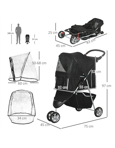 PawHut Pet Travel Stroller with Rain Cover, 3 Wheels Foldable Cat Dog Pushchair with Storage Basket and Cupholder for Small Mini