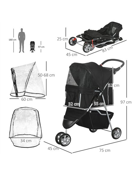 PawHut Pet Travel Stroller with Rain Cover, 3 Wheels Foldable Cat Dog Pushchair with Storage Basket and Cupholder for Small Mini - pic 145462 | FastDaddyshop
