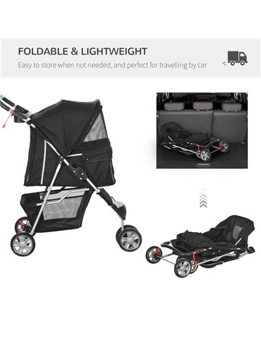 PawHut Pet Travel Stroller with Rain Cover, 3 Wheels Foldable Cat Dog Pushchair with Storage Basket and Cupholder for Small Mini