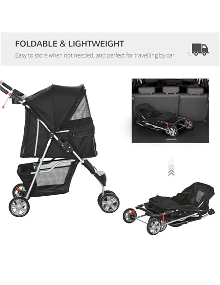 PawHut Pet Travel Stroller with Rain Cover, 3 Wheels Foldable Cat Dog Pushchair with Storage Basket and Cupholder for Small Mini - pic 145464 | FastDaddyshop
