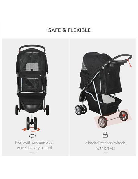 PawHut Pet Travel Stroller with Rain Cover, 3 Wheels Foldable Cat Dog Pushchair with Storage Basket and Cupholder for Small Mini - pic 145465 | FastDaddyshop
