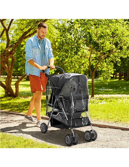 PawHut Pet Travel Stroller with Rain Cover, 4 Wheels Foldable Travel Carriage with Wheels Zipper Entry Cup Holder Storage Basket - pic 145470 | FastDaddyshop