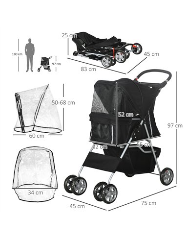 PawHut Pet Travel Stroller with Rain Cover, 4 Wheels Foldable Travel Carriage with Wheels Zipper Entry Cup Holder Storage Basket