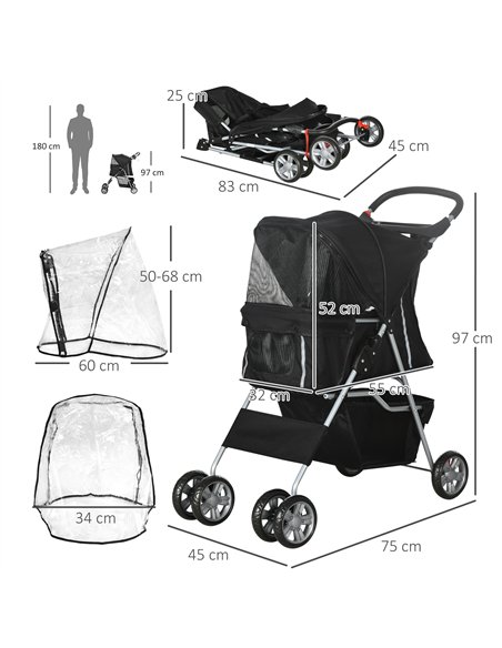 PawHut Pet Travel Stroller with Rain Cover, 4 Wheels Foldable Travel Carriage with Wheels Zipper Entry Cup Holder Storage Basket - pic 145471 | FastDaddyshop