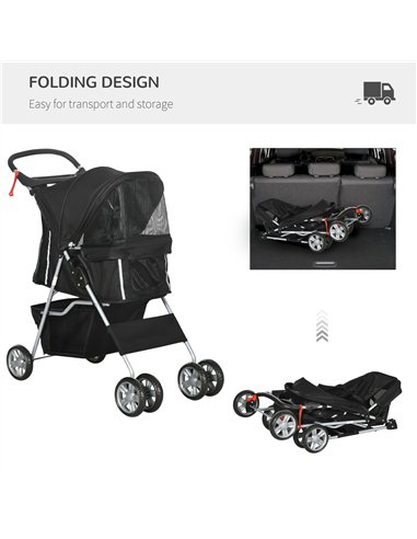 PawHut Pet Travel Stroller with Rain Cover, 4 Wheels Foldable Travel Carriage with Wheels Zipper Entry Cup Holder Storage Basket