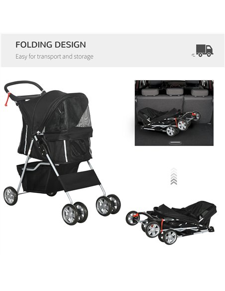 PawHut Pet Travel Stroller with Rain Cover, 4 Wheels Foldable Travel Carriage with Wheels Zipper Entry Cup Holder Storage Basket - pic 145473 | FastDaddyshop