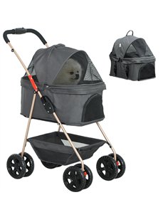 PawHut 3 in 1 Pet Stroller, Folding 4 Wheels Dog Pram with Detachable Carrier for Mini Dogs Cats, Grey