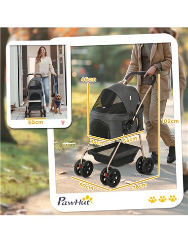 PawHut 3 in 1 Pet Stroller, Folding 4 Wheels Dog Pram with Detachable Carrier for Mini Dogs Cats, Grey